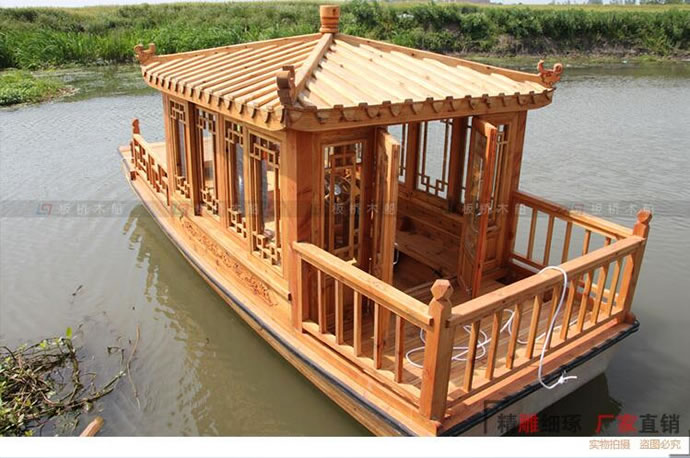 現貨木質玻璃鋼六角單亭木船 仿古電動手劃觀光旅游釣魚捕漁船